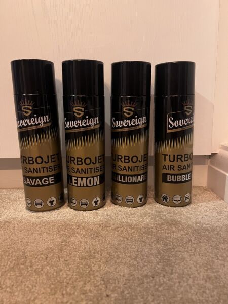 4 x SOVEREIGN LEMON, SAVAGE, BUBBLEGUM, MILLIONAIRE TURBOJET AIR FRESHENER SPRAY